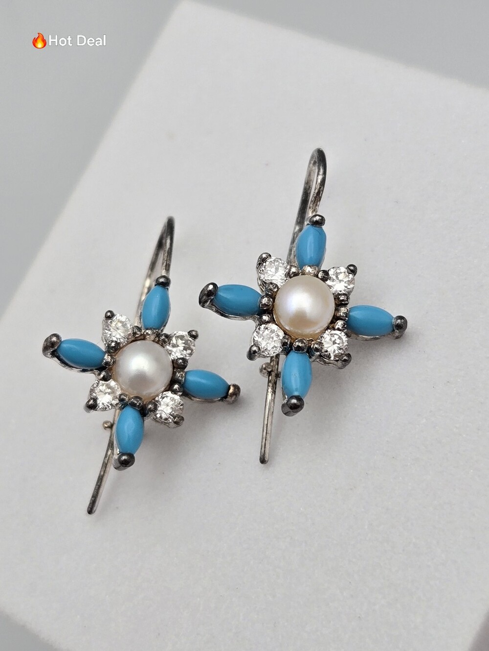 Vintage NV 925 Sterling Silver Turquoise Pearl Starburst Dangle Earrings 7/8"